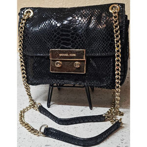 Michael Kors Black Python Embossed Chain Crossbody Bag Gold Hardware Flap Style